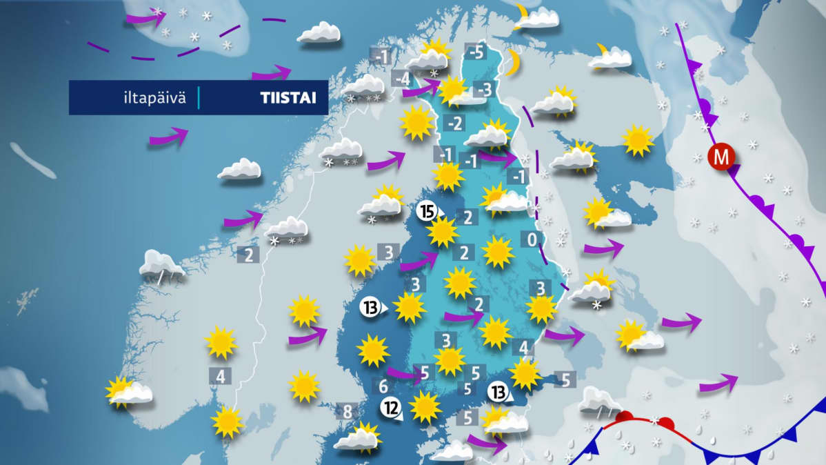 Iltapäivän sää kartalla.