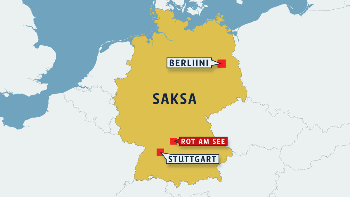 Saksan kartta, jossa kaupungit Rot am See, Berliini ja Stuttgart.