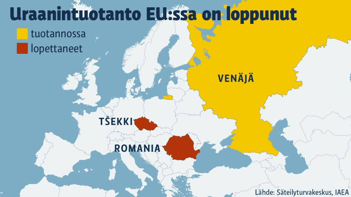 Kartta Euroopan maista, joissa on ollut tai on uraanituotantoa.