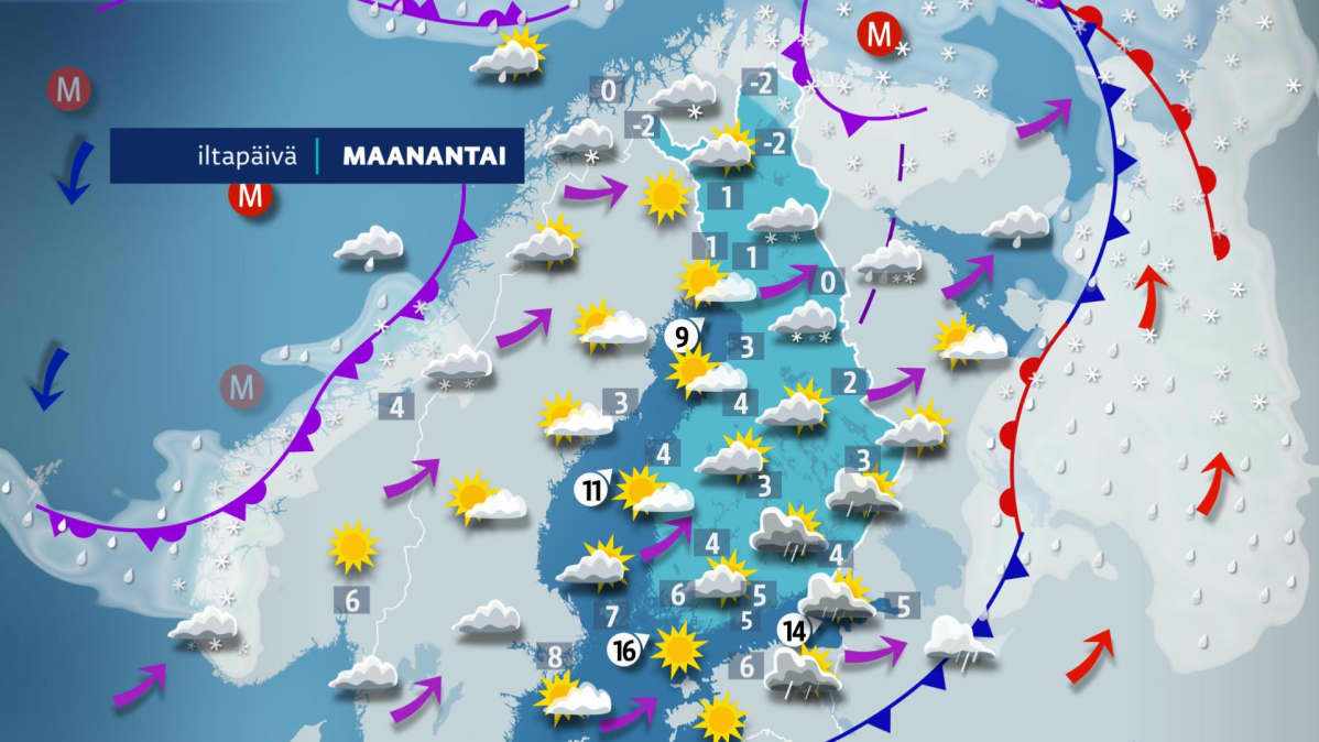 Maanantain sääkartta.