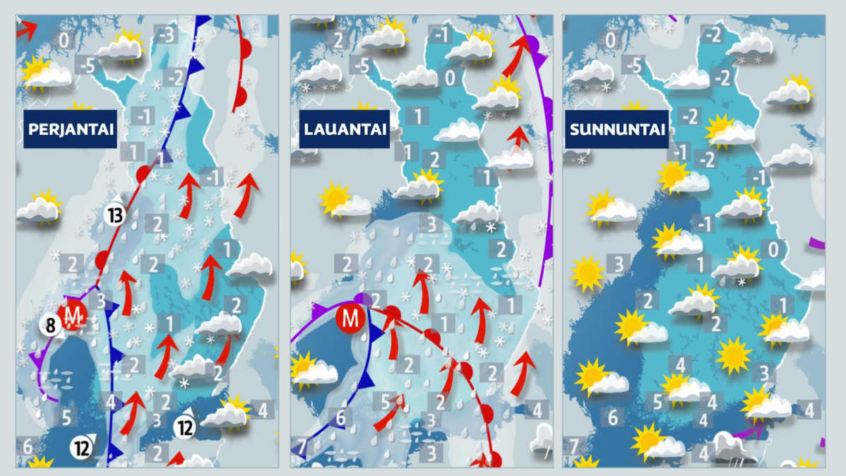 Perjantain, lauantain ja sunnuntain sääkartat.