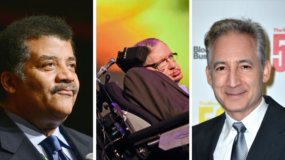 Neil deGrasse Tyson, Stephen Hawking ja Brian Greene.