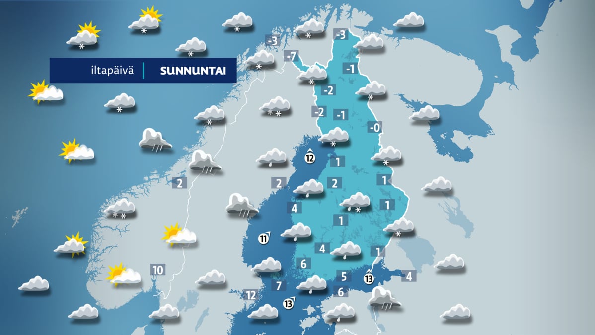 Sunnuntain sääkartta.