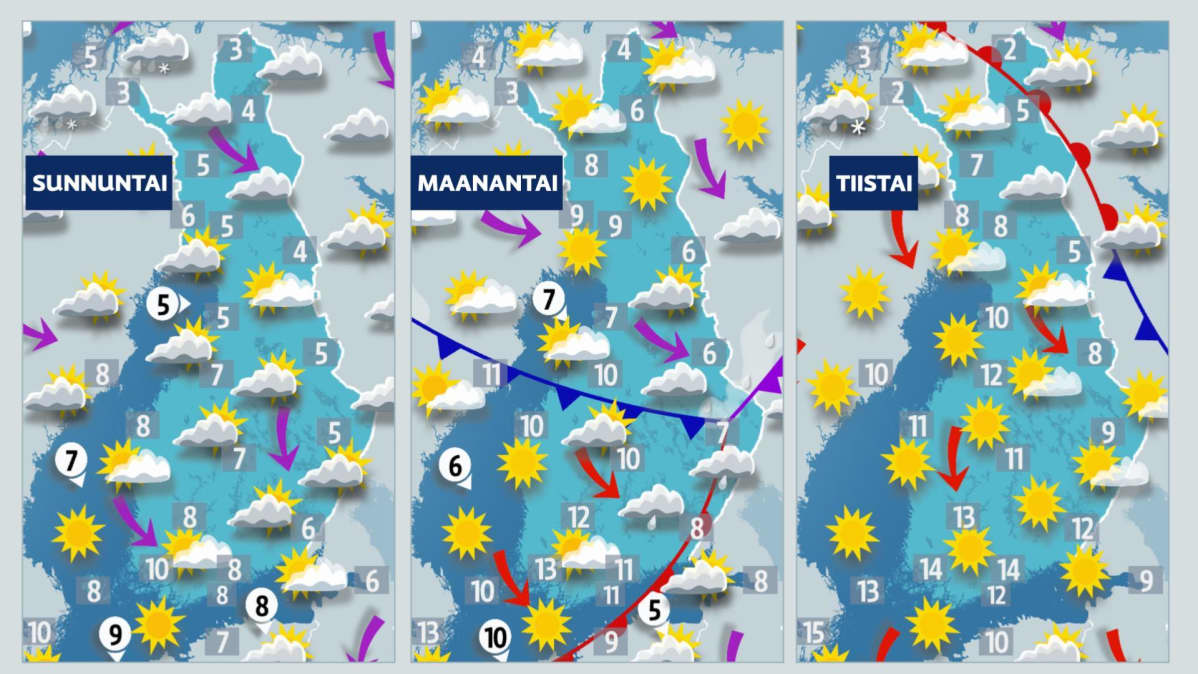 Sääkartat sunnuntai-tiistai.