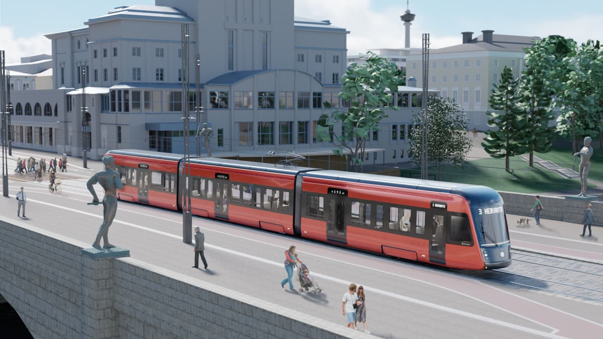 Havainnekuva Tampereen ratikasta Hämeensillalla Tampereen keskustassa