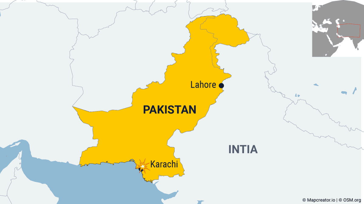 Pakistanin kartta johon merkittynä Karachi ja Lahore.