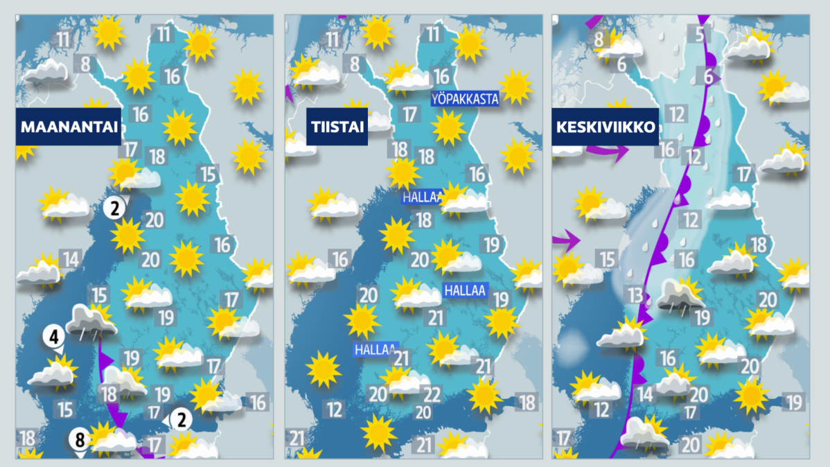 Maanantain, tiistain ja keskiviikon sääkartat.