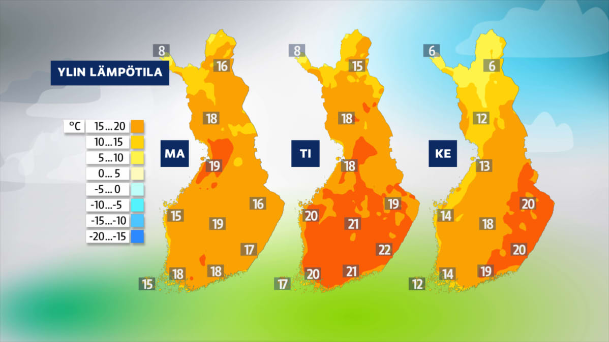 Maanantain, tiistain ja keskiviikon sääkartat.