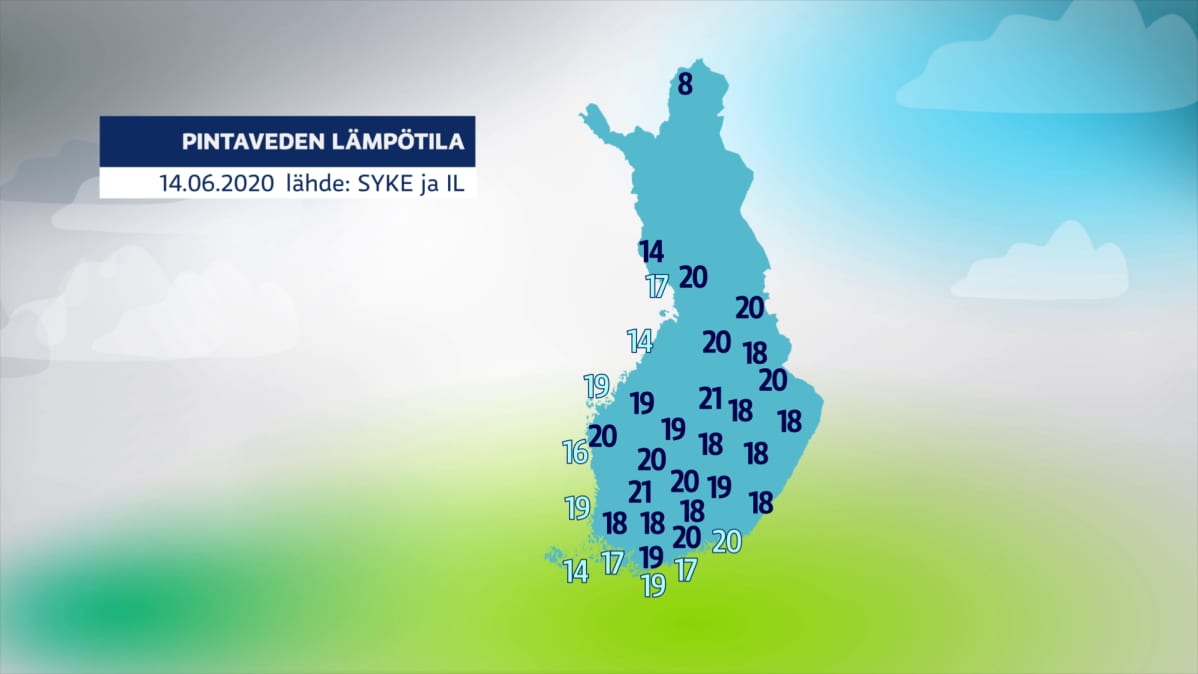 pintavesien lämpötiloja kartalla
