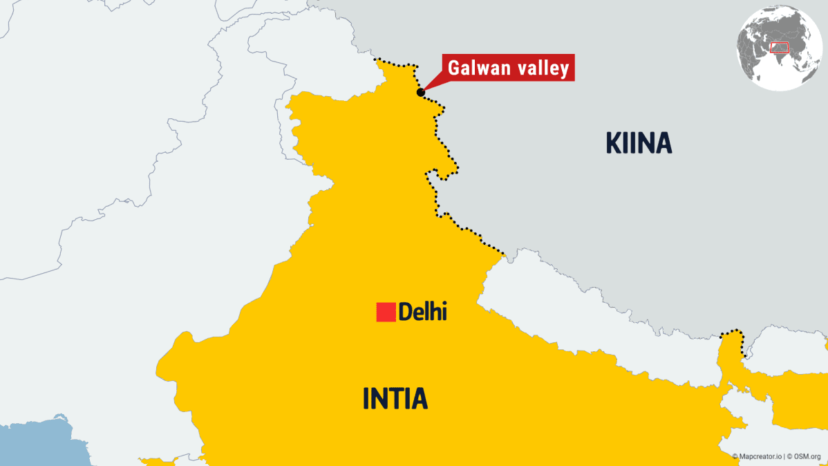 Kartta Intian ja Kiinan rajalta.