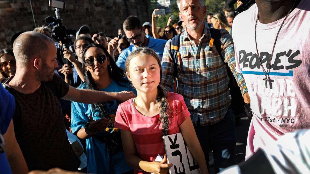 Greta Thunberg kuvattuna puheen jälkeen Battery Parkissa, New Yorkissa 20. syyskuuta 2019.
