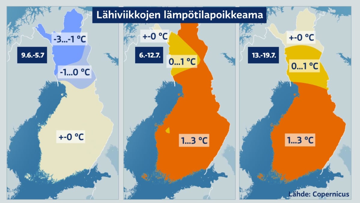 Seuraavien kolmen viikon lämpöpoikkeamat.