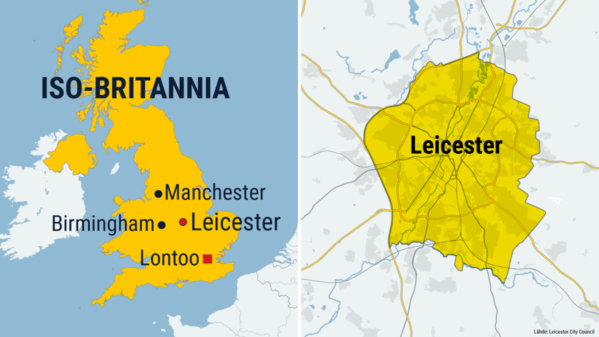 Kartta Leicesterin koronarajoitusalueesta Iso-Britanniassa.