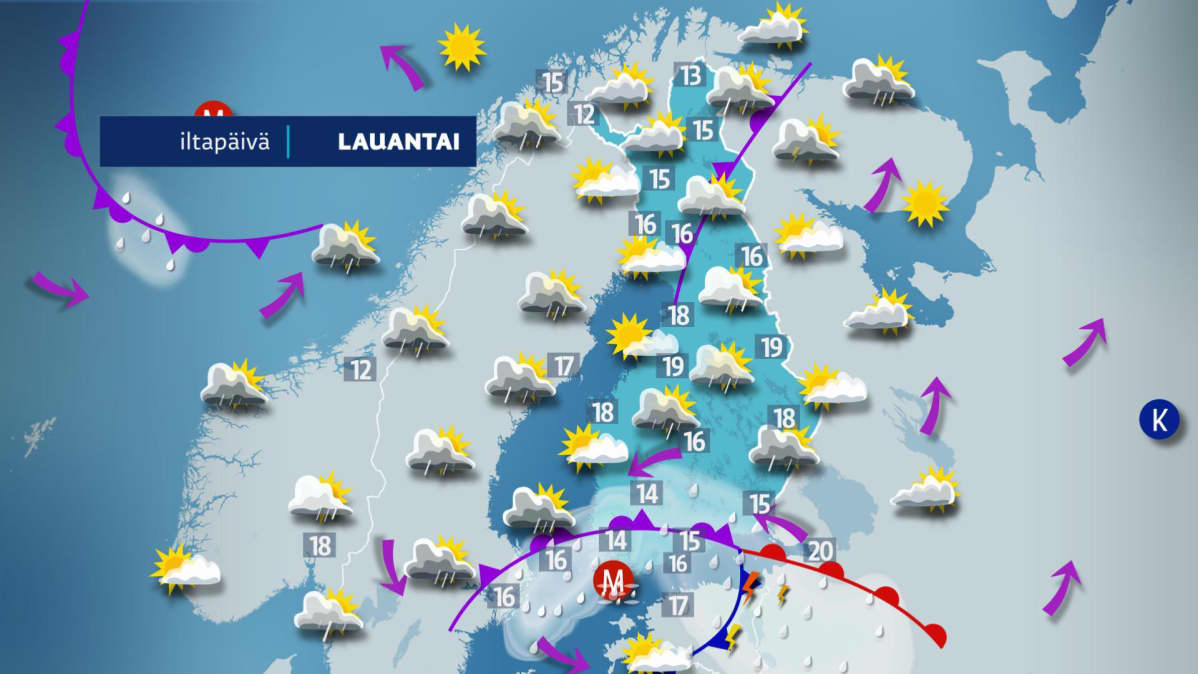 Lauantain sääkartta.