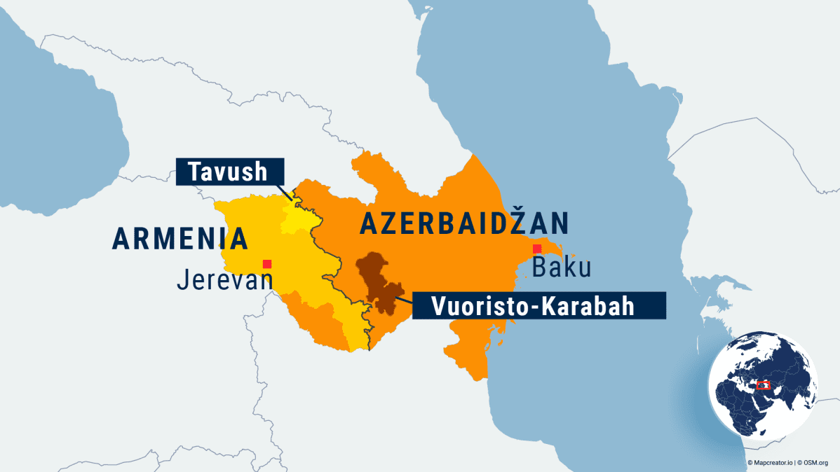 Armenia ja Azerbaidžan kartta, Tavush ja Vuoristo-Karabah alueina