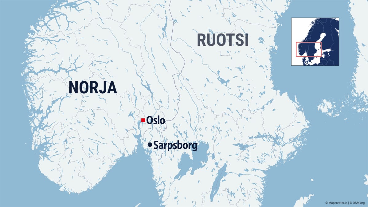 Kartta, jossa näkyvät Oslon ja Sarpsborgin kaupungin sijainnit Norjassa.