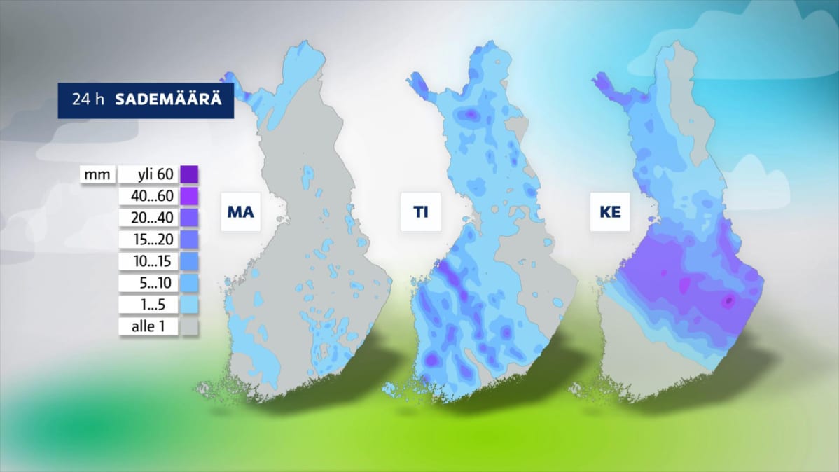 Kuvassa kerrotaan alkuviikon sademäärät.