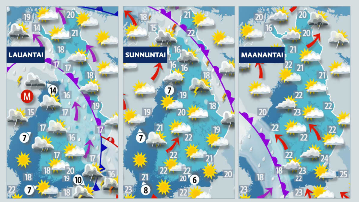 Lauantain, sunnuntain ja maanantain sääkartat.
