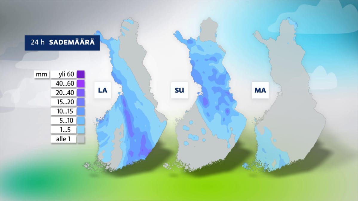 Lauantain, sunnuntain ja maanantain sademäärät.