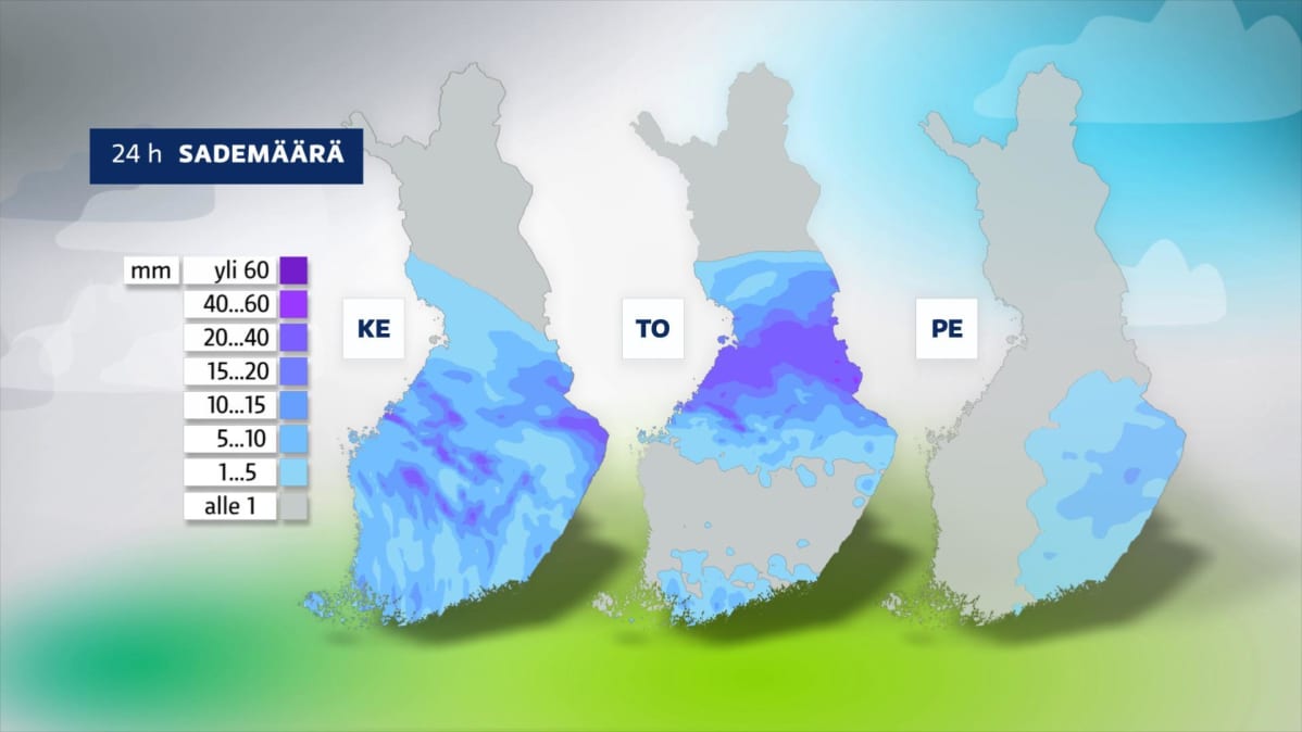 Kolmen seuraavan päivän sademääräkartat.
