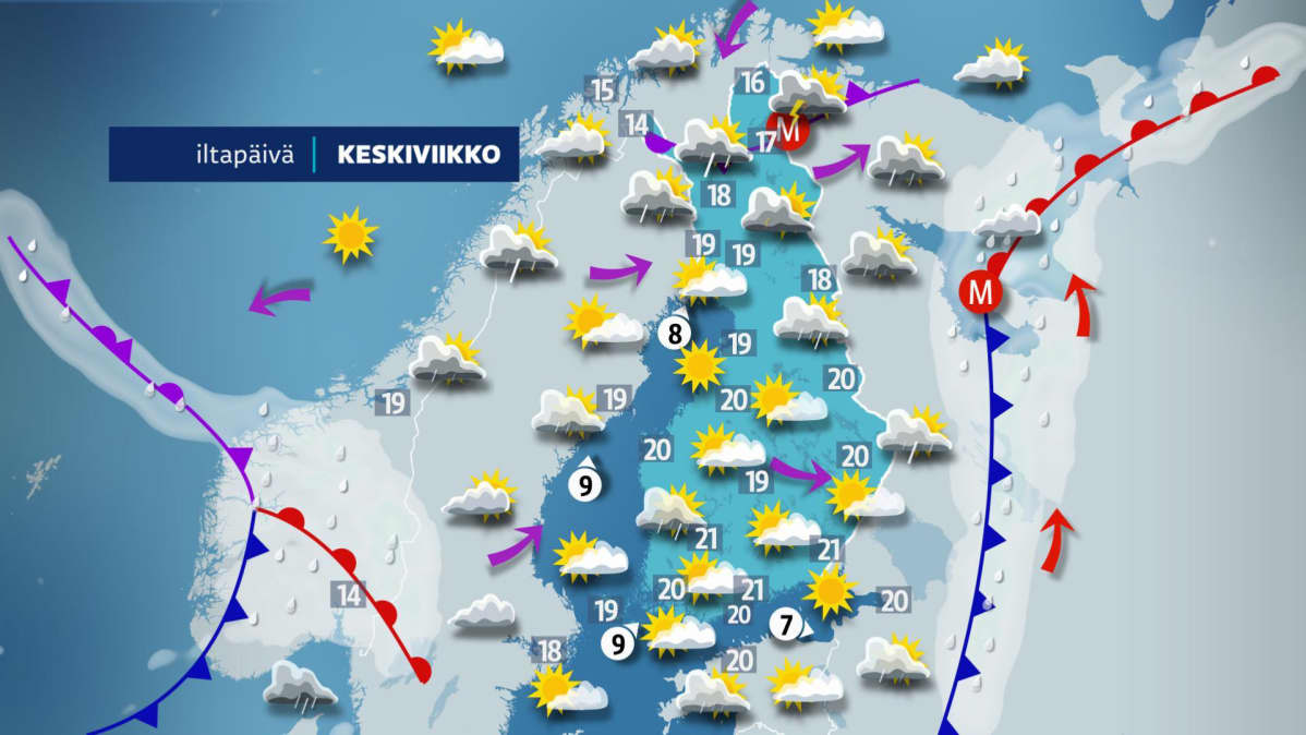 Keskiviikon iltapäivän sääkartta.