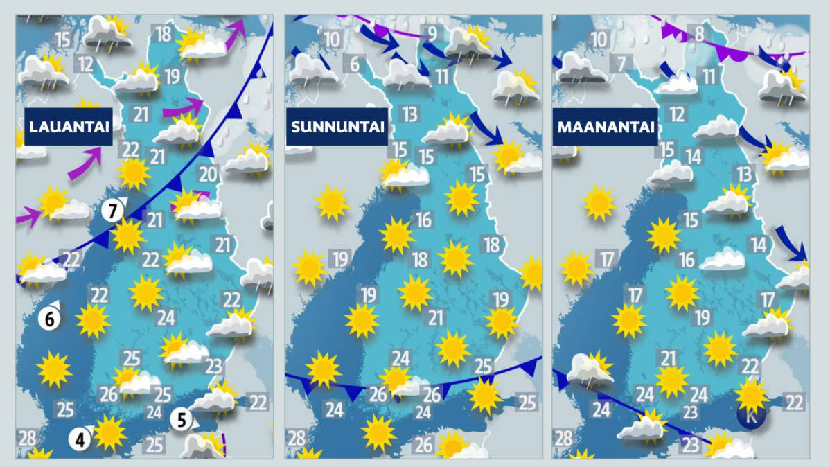 Kolmen seuraavan päivä sääkartat.