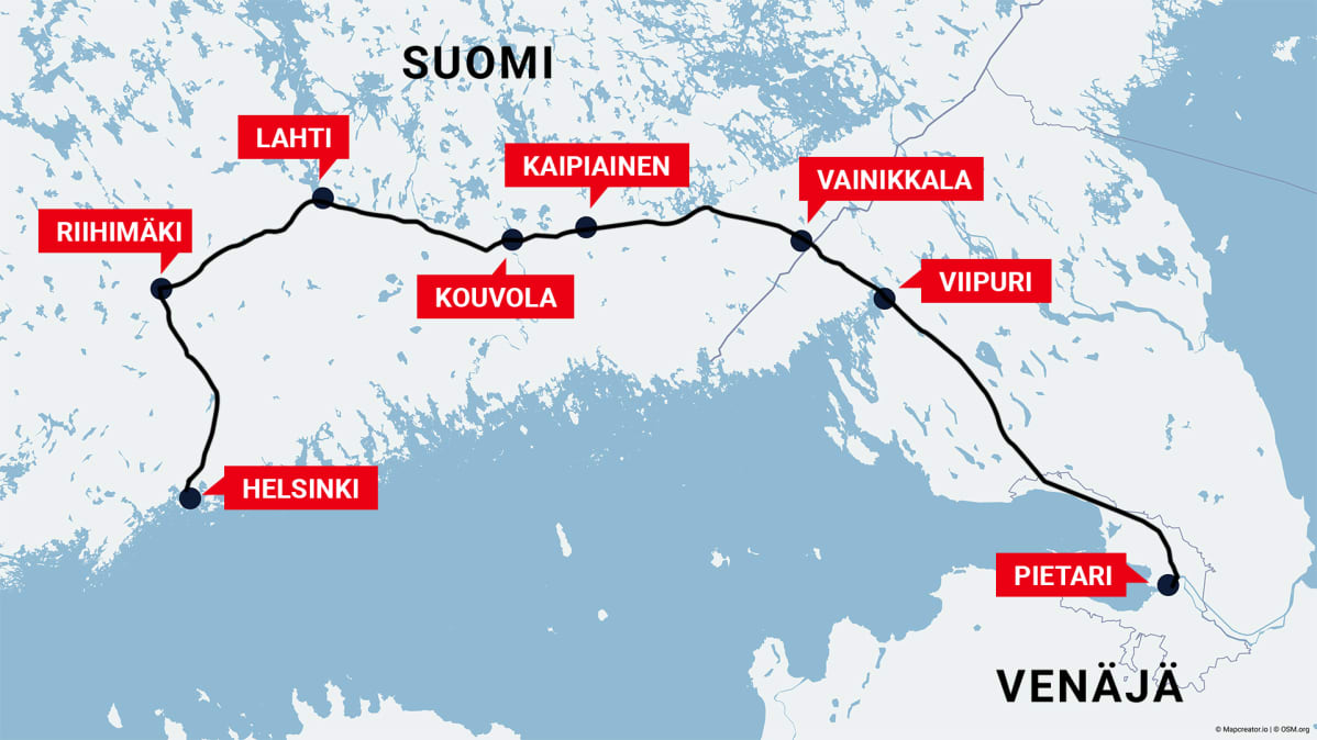 Kartta, jossa rautatien reitti