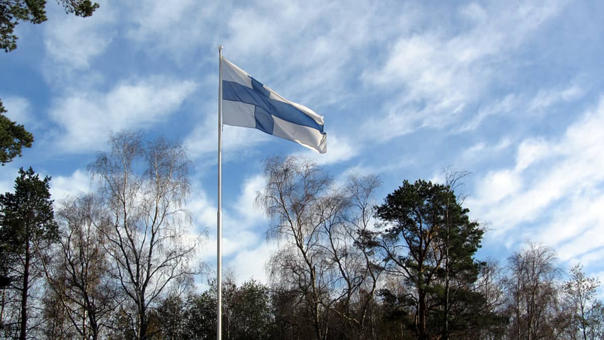 Suomen lippu liehuu taivasta vasten
