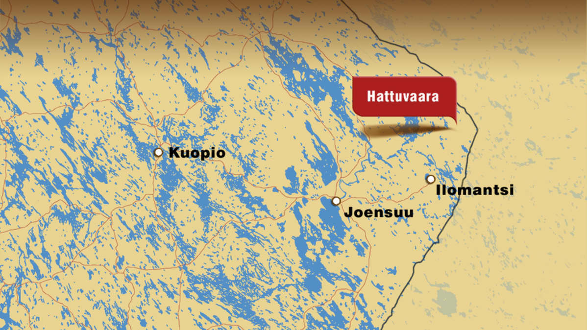 Kartta, johon merkitty Hattuvaaran kylä Ilomantsissa lähellä Suomen itäisintä kolkkaa.