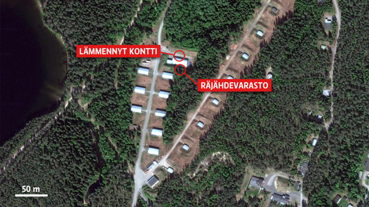 Ilmakuva Vihtavuoren räjähteiden varastointialueesta.