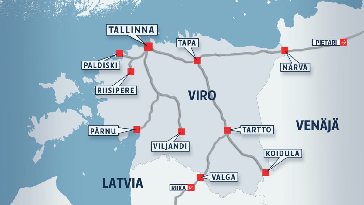 Kartassa näkyy Viron rautatieverkko.