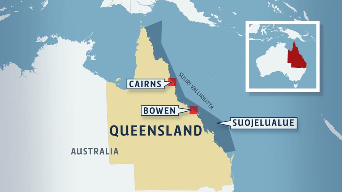 Kartta Queenslandin alueesta Australiassa.