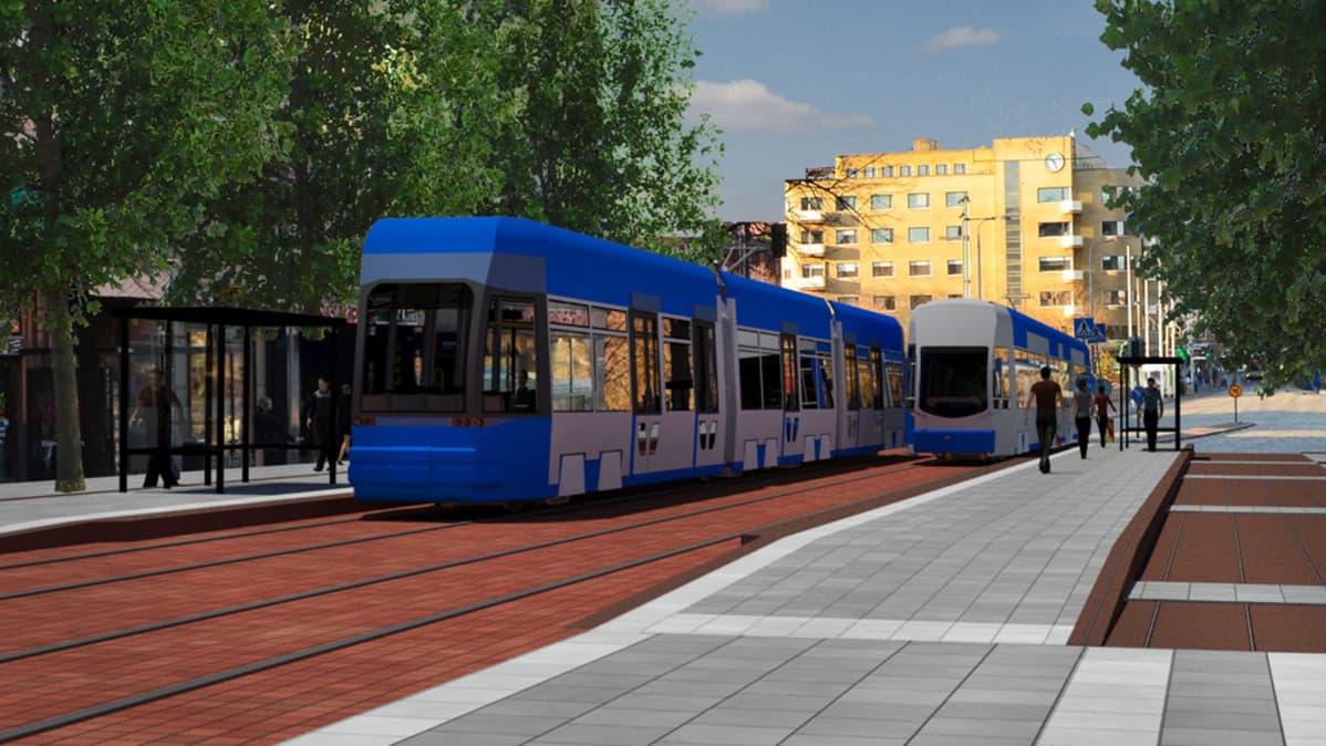 Havainnekuva, jossa kaksi raitiovaunua Hämeenkadulla.