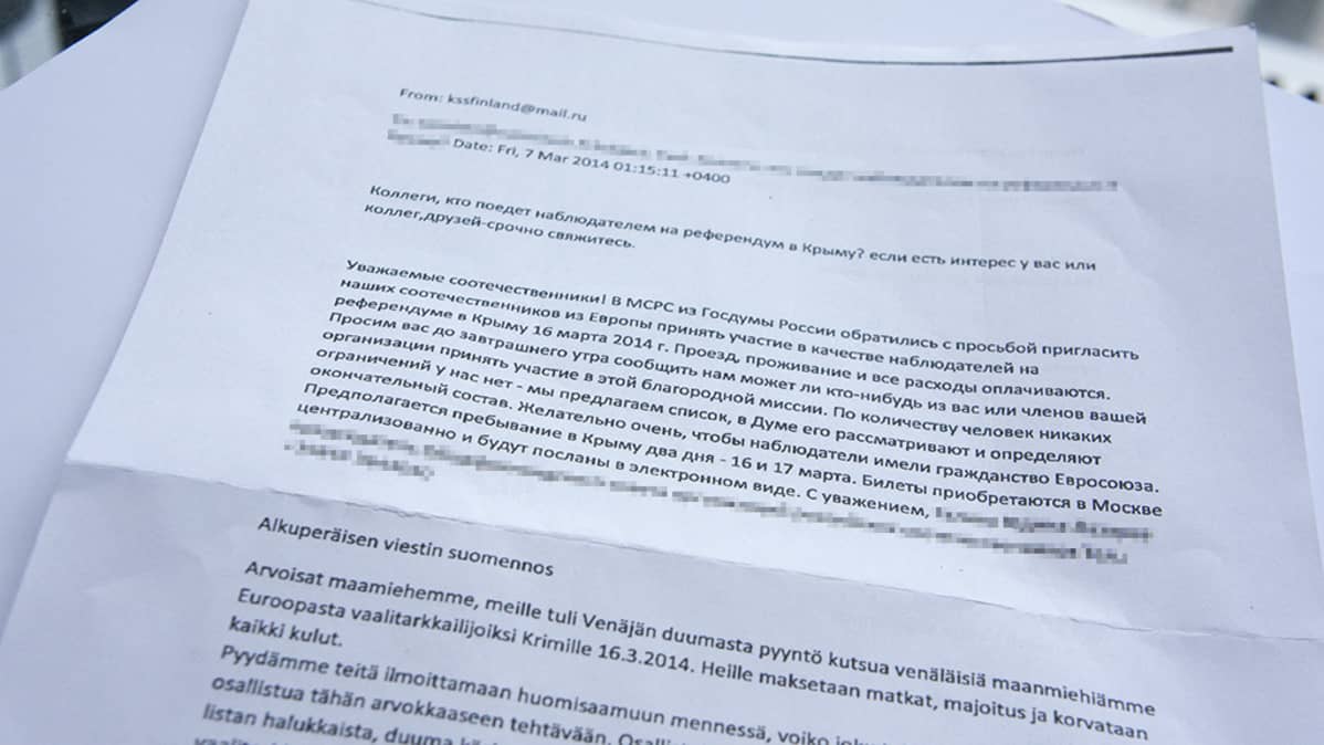 Suomessa asuville venäläistaustaisille ihmisille viime viikolla sähköpostitse tai sosiaalisessa mediassa lähetetty kirje, jossa heitä kehotetaan lähtemään vaalitarkkailijoiksi Krimin kansanäänestykseen. Kuvasta on pikselöity henkilökohtaisia tietoja.