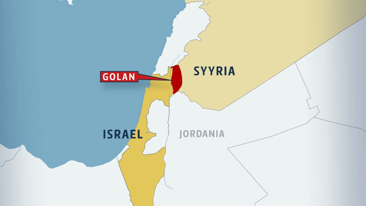 Kartta, jossa on punaisella Golanin alue. Karttaan merkitty Israel, Syyria ja Jordania.