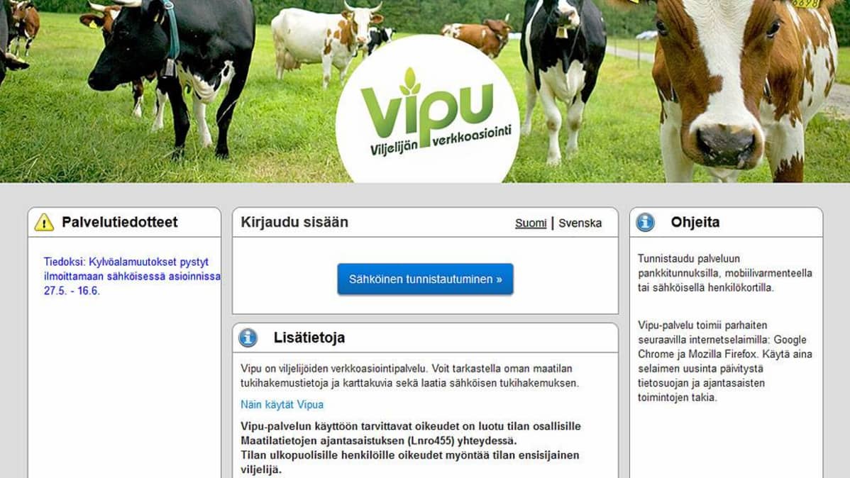 Sivukaappaus viljelijöiden verkkoasiointipalvelusta.