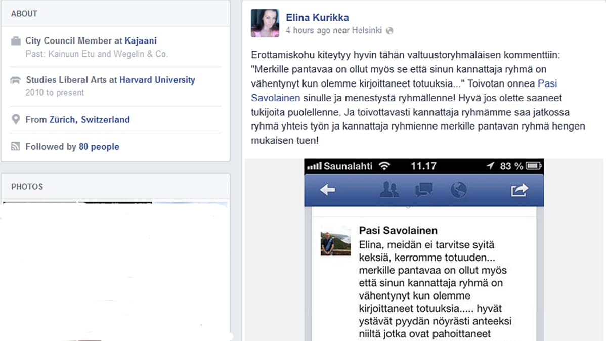 Kuvakaappaus Elina Kurikan julkisesta FB-profiilista.