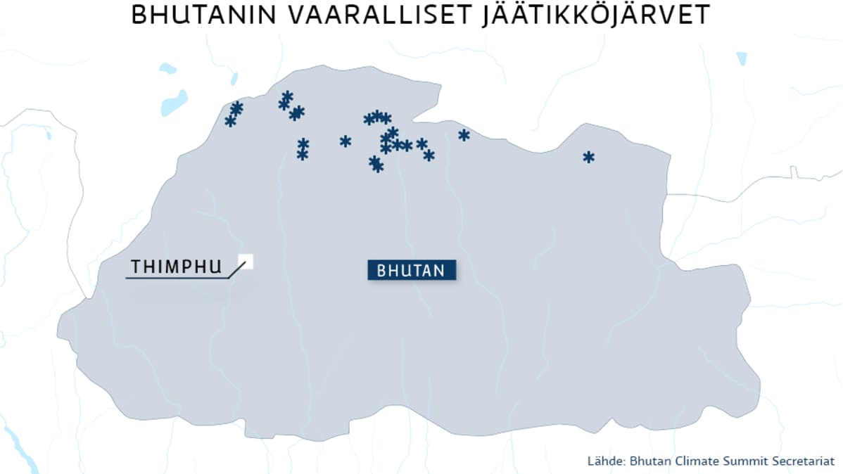 Bhutanin vaarallisten jäätikköjärvien kartta.