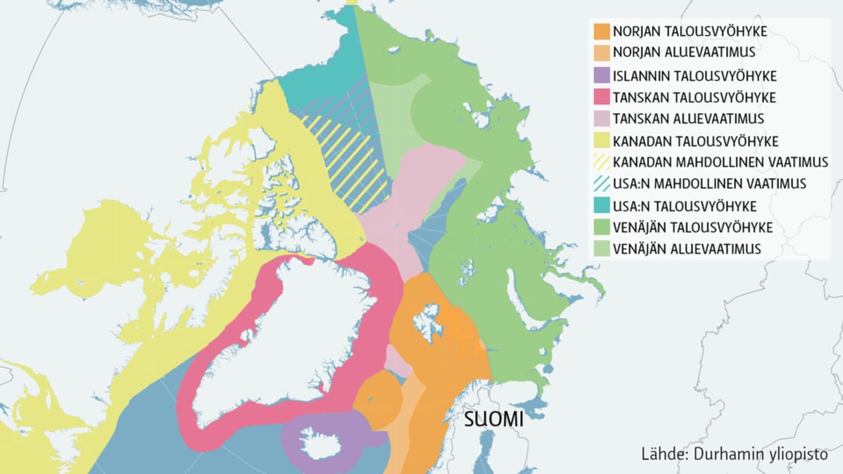 Arktisen alueen talousvyöhykkeet ja vaatimukset.