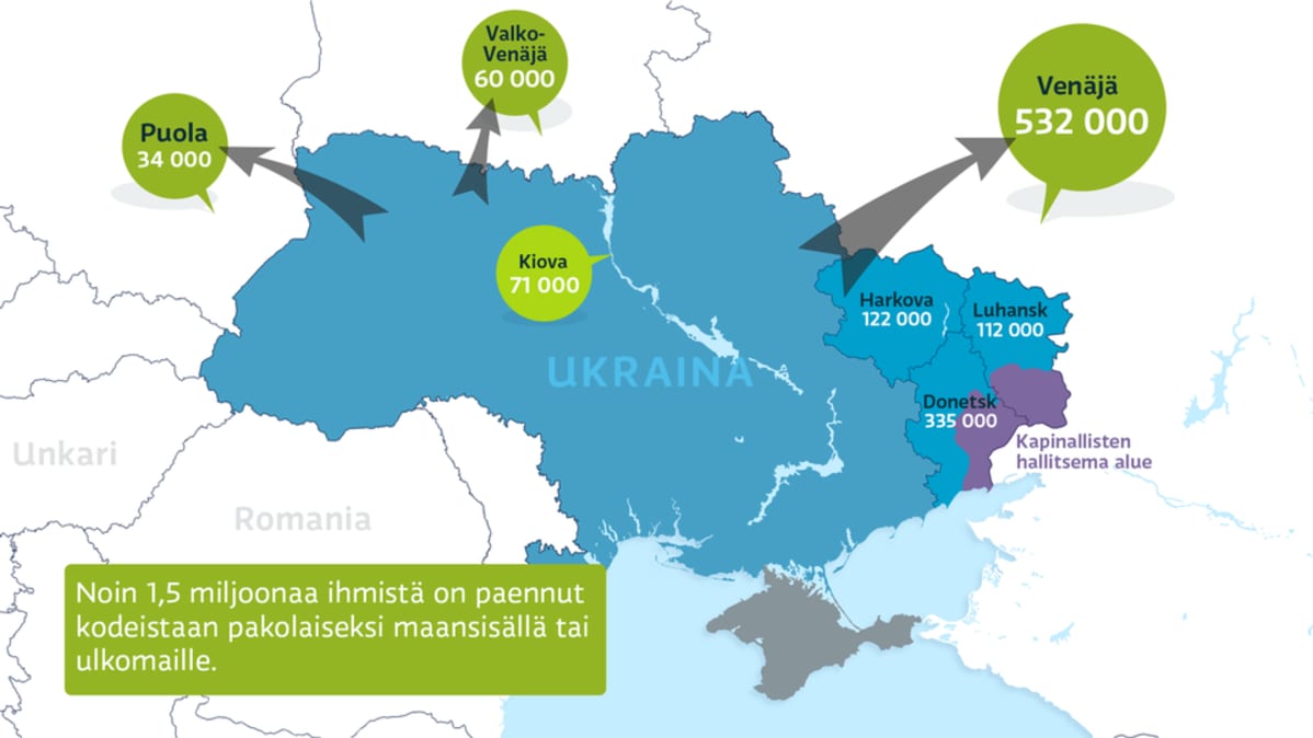 Karttagrafiikka Ukrainan taisteluja paenneista pakolaisista.