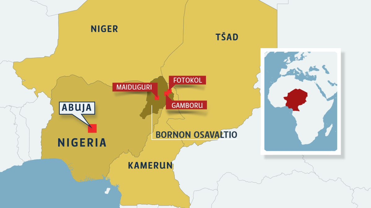 Nigerian kartta, johon merkitty Maiduguri, Fotokol ja Gamboru.