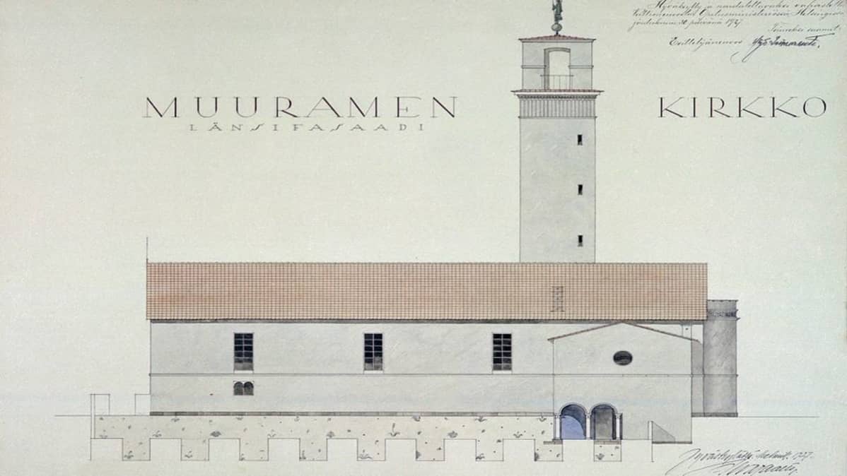 Alvar Aallon piirustus Muuramen kirkosta vuodelta 1927.