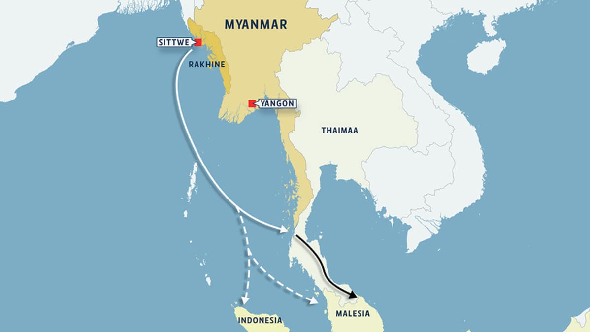 Kartta pakolaisten käyttämästä merireitistä Myanmarista etelään.