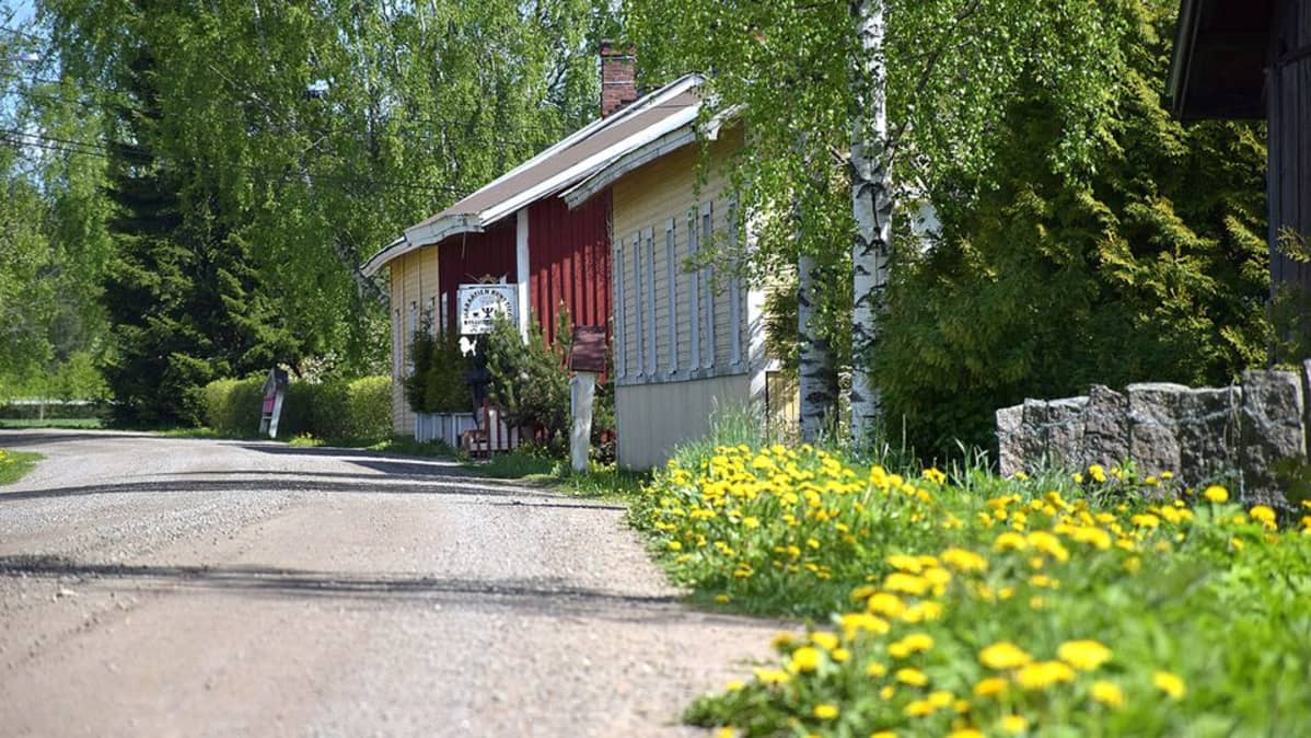 Tien varrella on keltaisia ja punaisia rakennuksia