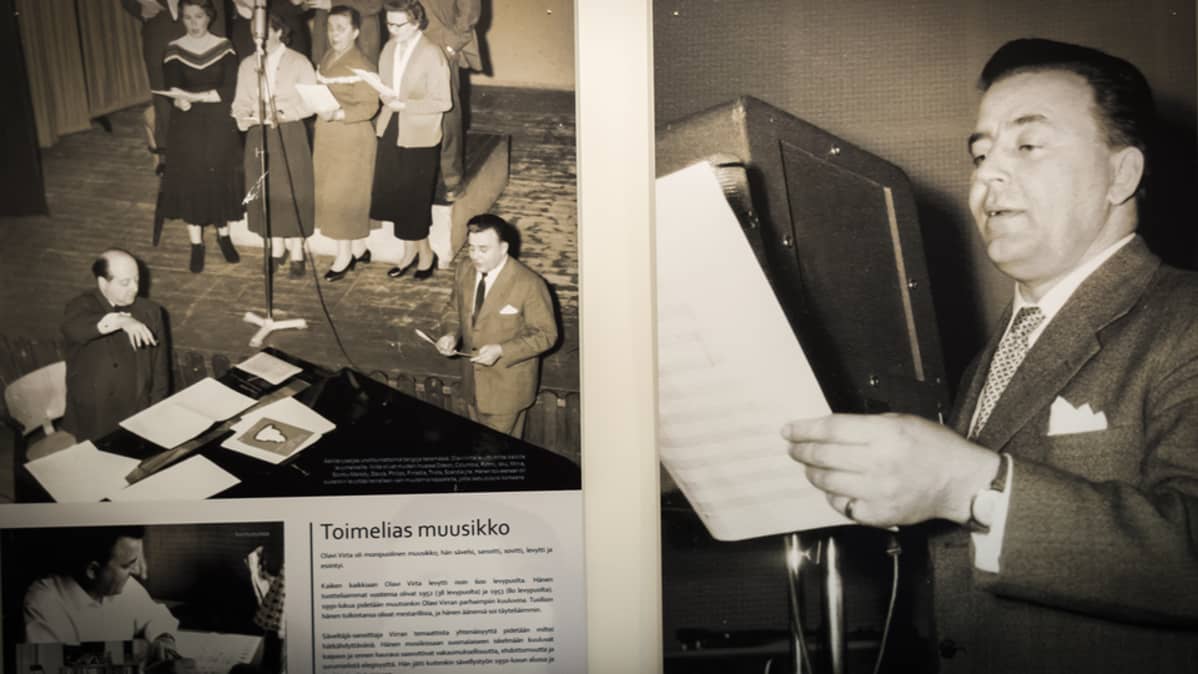 Kuvakollaasi Olavi Virran elämästä Suojeluskunta- ja Lotta Svärd -museon näyttelyssä Seinäjoella.
