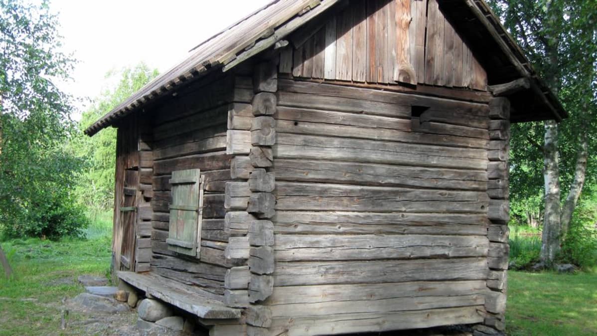 Harmaantunut vanha savusauna kesäisessä maisemassa