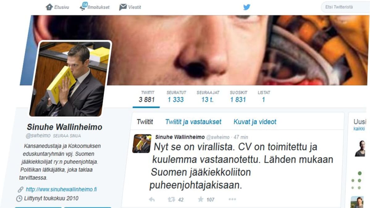 Kuvakaappaus Sinuhe Wallinheimon tweetistä.