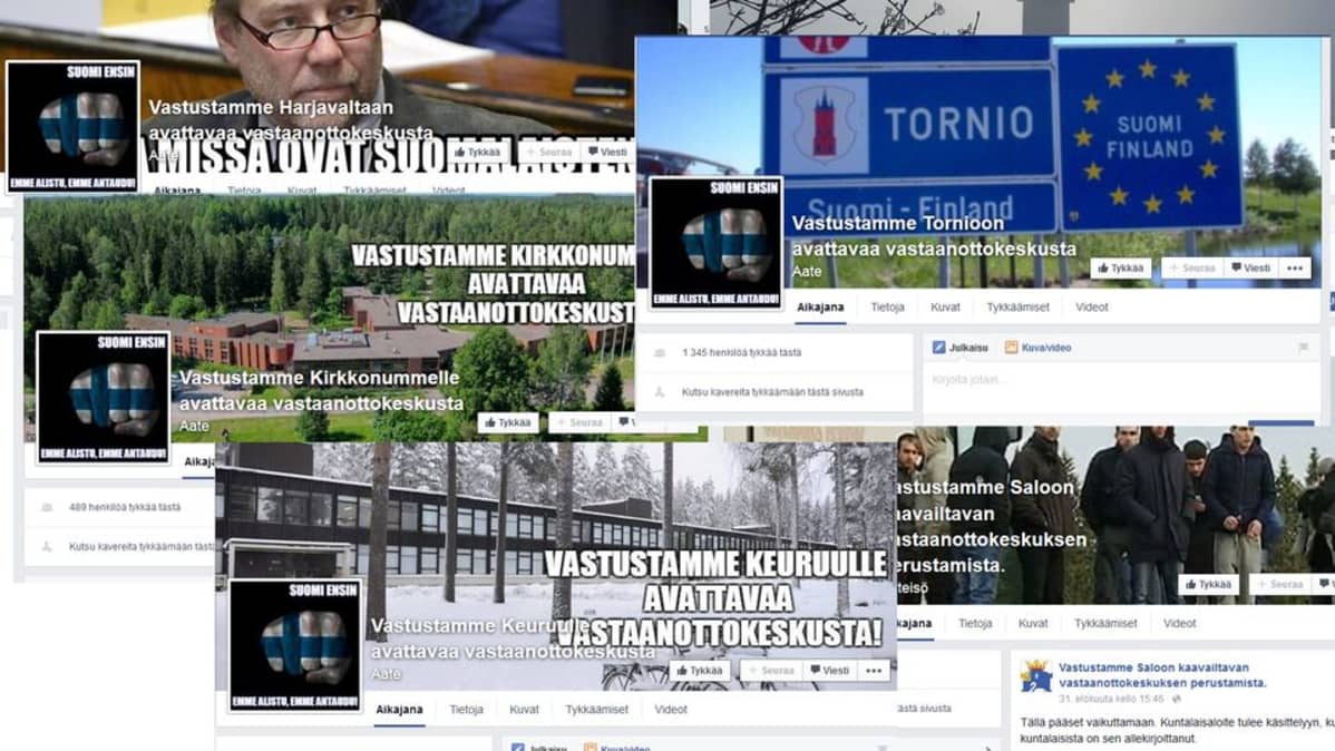Facebooksivuja, jotka vastustavat vastaanottokeskuksia.