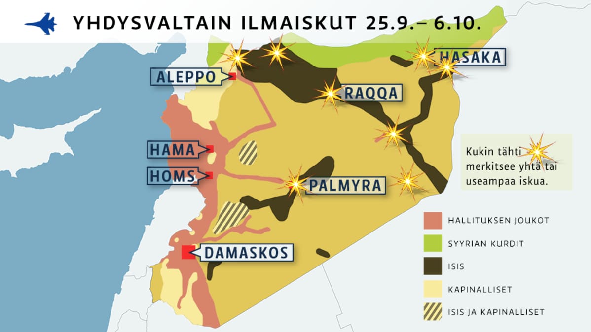Kartta Yhdysvaltain ilmaiskuista 25.9. – 6.10. Syyriaan.