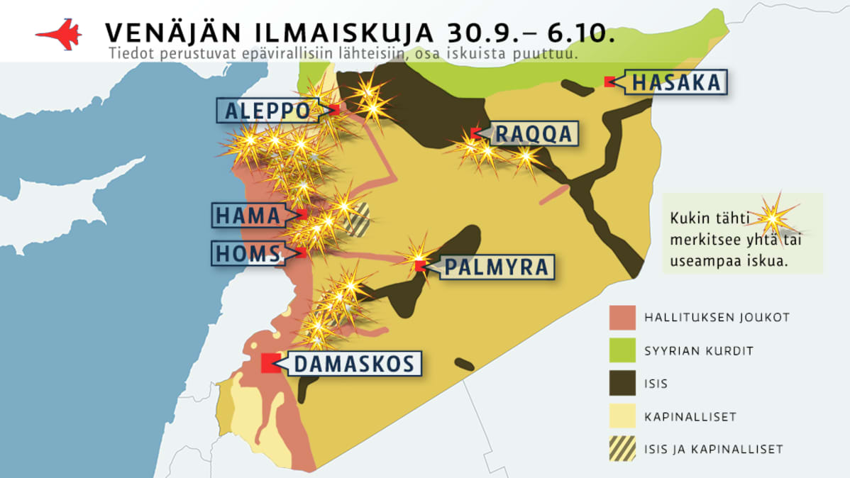 Kartta Venäjän ilmaiskuista 30.9. – 6.10. Syyriaan.